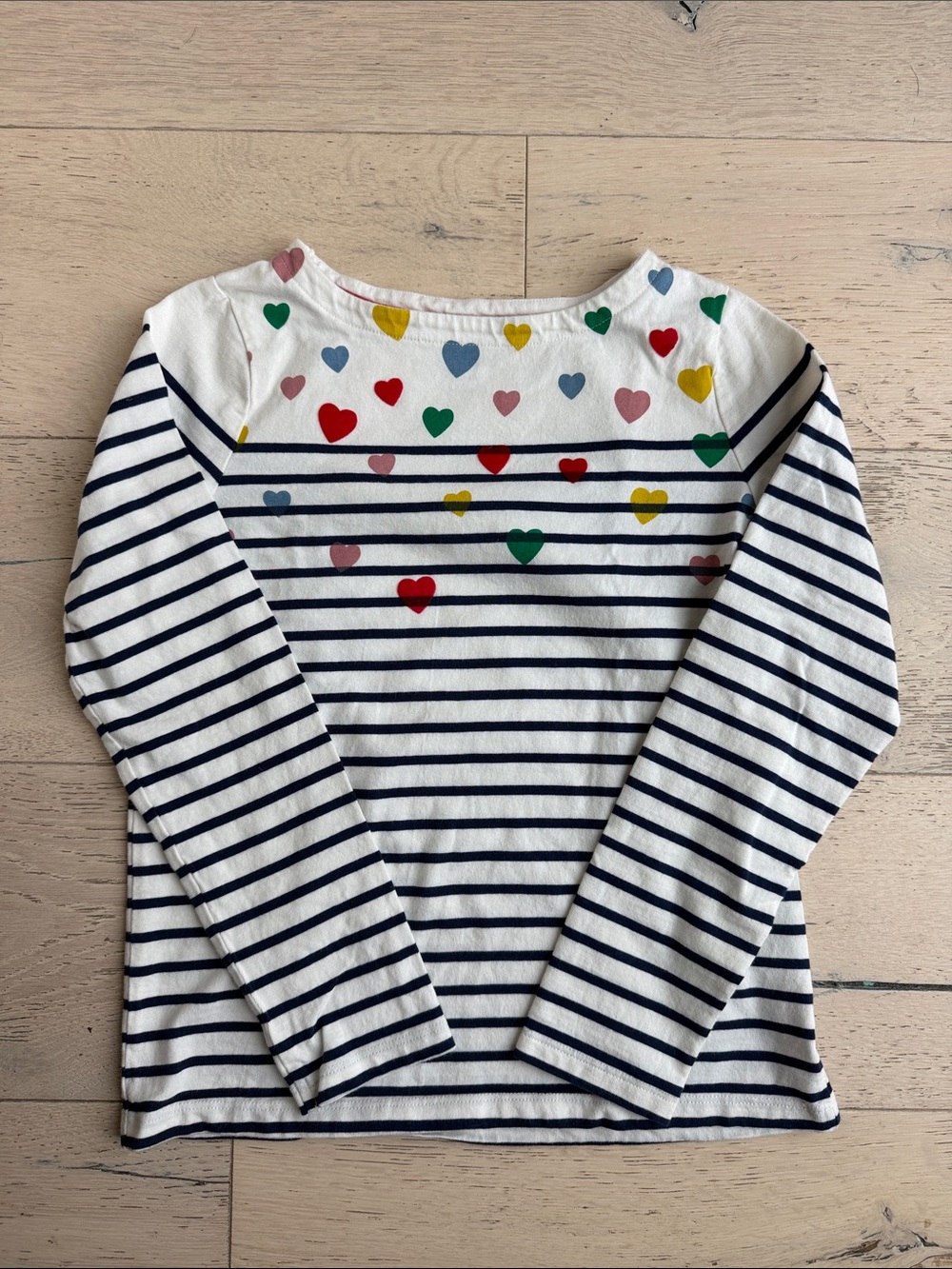 Mini Boden White Navy Stripe Long-Sleeve Top with Colorful Hearts